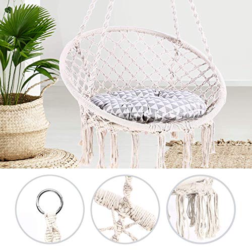 Ohuhu Hamaca Colgante Columpio con Silla Colgante Kit de Montaje para Colgar, Duradero, Fabricado con Cuerda de algodón 100% Sillacolumpio de Interior de macramé para dormitorios