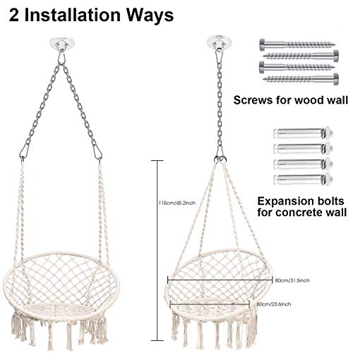 Ohuhu Hamaca Colgante Columpio con Silla Colgante Kit de Montaje para Colgar, Duradero, Fabricado con Cuerda de algodón 100% Sillacolumpio de Interior de macramé para dormitorios