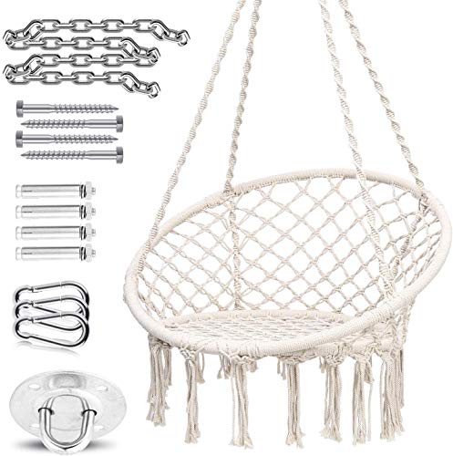 Ohuhu Hamaca Colgante Columpio con Silla Colgante Kit de Montaje para Colgar, Duradero, Fabricado con Cuerda de algodón 100% Sillacolumpio de Interior de macramé para dormitorios