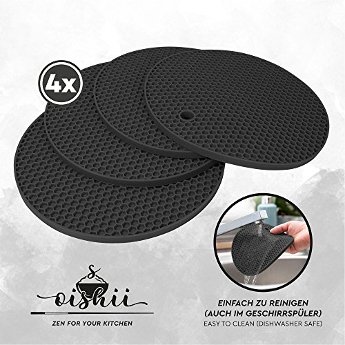 Oishii Salvamanteles de silicona Conjunto de 4 - Forma redonda - Resistente al calor hasta 230°C - Apto para lavavajillas - Negro