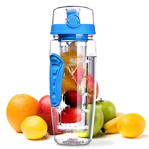 OMORC Botella Agua Deportiva, 1L Botella de Agua con Filtro Infusor de Fruta, sin BPA Reutilizable y Fitness para Niños, Oficina, Gimnasio, Yoga, Bici Incluye un Cepillo de Limpieza