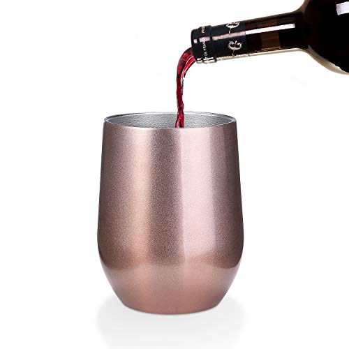 ONMIER 2 PCS Copa de Vino con Tapa sin Tallo, 12 oz Wine Tumbler de Acero Inoxidable, Vacío de Doble Pared Viajera Taza de Café con Pajitas Pinceles para Vino, Bebidas(Oro-Rosa)