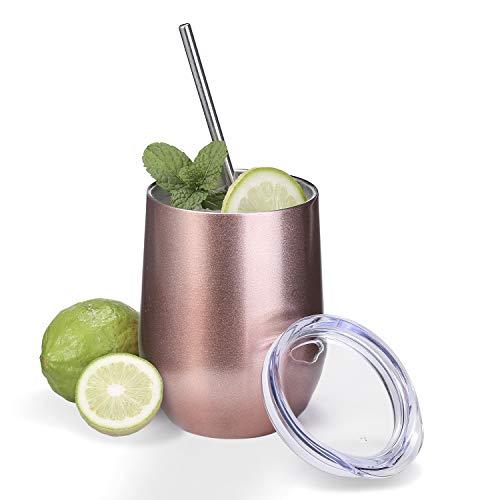 ONMIER 2 PCS Copa de Vino con Tapa sin Tallo, 12 oz Wine Tumbler de Acero Inoxidable, Vacío de Doble Pared Viajera Taza de Café con Pajitas Pinceles para Vino, Bebidas(Oro-Rosa)