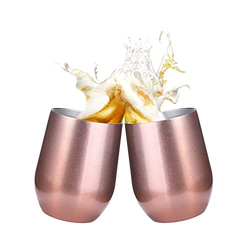 ONMIER 2 PCS Copa de Vino con Tapa sin Tallo, 12 oz Wine Tumbler de Acero Inoxidable, Vacío de Doble Pared Viajera Taza de Café con Pajitas Pinceles para Vino, Bebidas(Oro-Rosa)