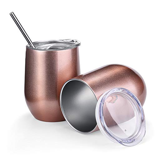 ONMIER 2 PCS Copa de Vino con Tapa sin Tallo, 12 oz Wine Tumbler de Acero Inoxidable, Vacío de Doble Pared Viajera Taza de Café con Pajitas Pinceles para Vino, Bebidas(Oro-Rosa)