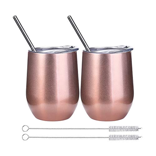 ONMIER 2 PCS Copa de Vino con Tapa sin Tallo, 12 oz Wine Tumbler de Acero Inoxidable, Vacío de Doble Pared Viajera Taza de Café con Pajitas Pinceles para Vino, Bebidas(Oro-Rosa)