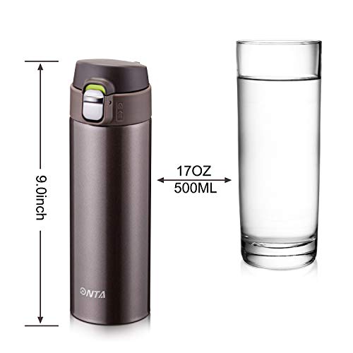 ONTA Termo Tazas, Botella de Agua Deportiva de Vacío Aislada, 17OZ/500ML Mantiene Frío 20 Horas, Caliente 12 Horas Botella de Agua de Acero Inoxidable y Termo a Prueba de Fugas Taza de Café de Viaje