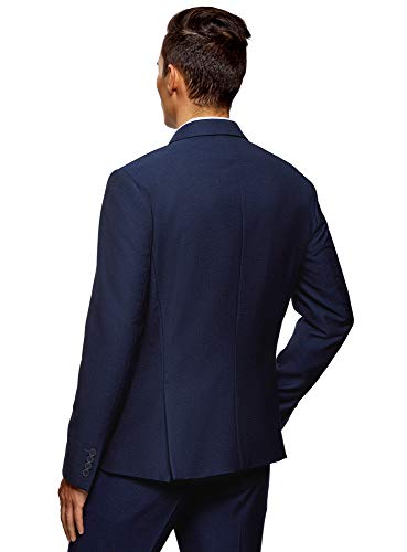 oodji Ultra Hombre Chaqueta Entallada con Acabado Decorativo, Azul, 48