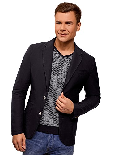 oodji Ultra Hombre Chaqueta Entallada con Bolsillos de Parche, Azul, 50