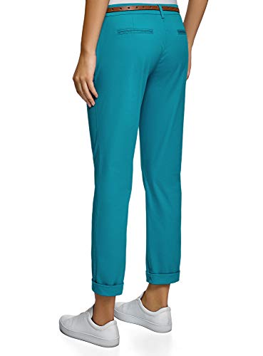 oodji Ultra Mujer Pantalones Chinos con Cinturón, Turquesa, ES 42 / L