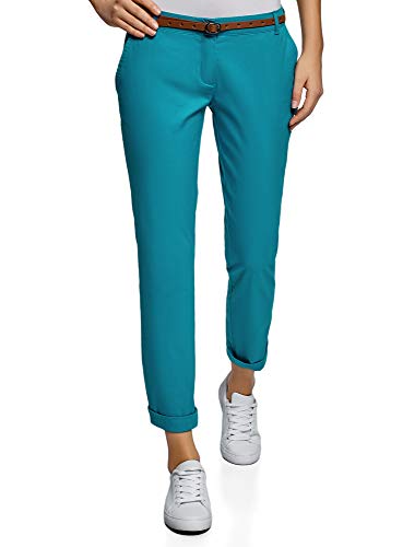 oodji Ultra Mujer Pantalones Chinos con Cinturón, Turquesa, ES 42 / L