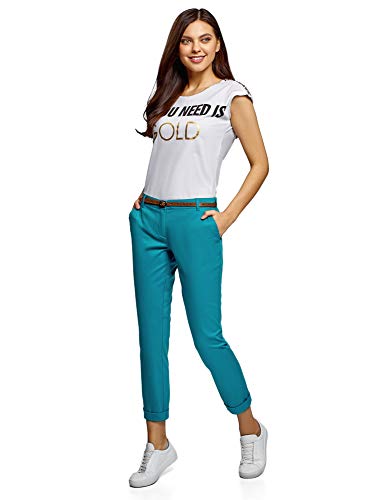 oodji Ultra Mujer Pantalones Chinos con Cinturón, Turquesa, ES 42 / L