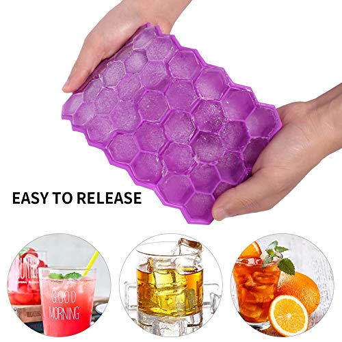 Opopark 2 Piezas Cubitos de Hielo Bandeja,Moldes de Silicona BPA para Hacer Hielo con Cubierta a Prueba de Desbordamiento, Verde y Morado