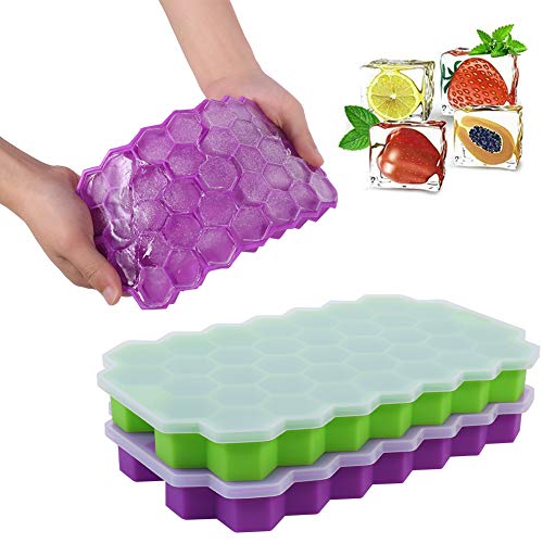 Opopark 2 Piezas Cubitos de Hielo Bandeja,Moldes de Silicona BPA para Hacer Hielo con Cubierta a Prueba de Desbordamiento, Verde y Morado