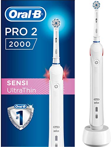 Oral-B PRO 2 2000 Sensi Ultrathin Cepillo de dientes eléctrico recargable con tecnología de braun, 1 mango blanco, 1 cabezal de recambio