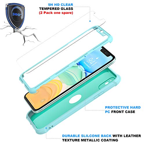 ORETECH Funda iPhone 11, Carcasa iPhone 11 con [ 2 x Protector de Pantalla de Vidrio Cristal Templado] 360° Carcasa Silicona Ligera Delgado PC TPU Bumper Rubber Caso para iPhone 11 Case 6.1''- Verde