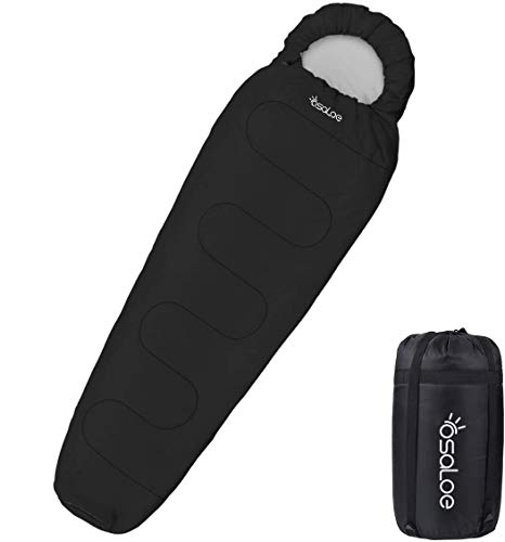 Osaloe Saco de Dormir Momia para Acampar, Senderismo y Al Aire Libre, Saco de Dormir Ultraligero para 3-4 Estaciones 5~25℃, con Bolsa de Compresión Impermeable, 800 g, 220 x 80 cm (Negro)