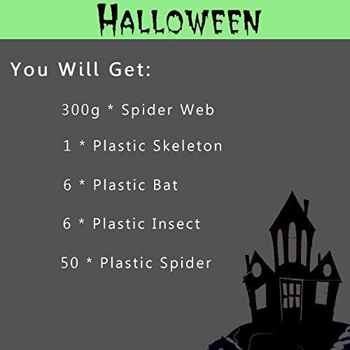 Osugin 300 g Halloween Spider Web Set, decoraciones incluyen resplandecientes de plástico araña insectos murciélago esqueleto plástico para decoración de Halloween (brillante luminoso)