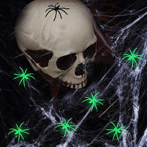 Osugin 300 g Halloween Spider Web Set, decoraciones incluyen resplandecientes de plástico araña insectos murciélago esqueleto plástico para decoración de Halloween (brillante luminoso)