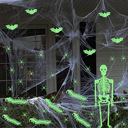 Osugin 300 g Halloween Spider Web Set, decoraciones incluyen resplandecientes de plástico araña insectos murciélago esqueleto plástico para decoración de Halloween (brillante luminoso)