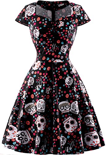 oten Vestido de Fiesta de Rockabilly del Estampado del cráneo del azúcar Floral de la Navidad de la Navidad Mujeres