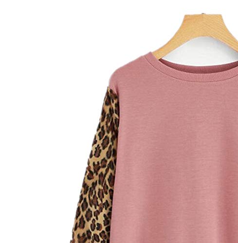 Otoño e Invierno Mujer Ropa Otoño Invierno Leopardo Estampado Manga Larga Suéter Costura Rosa rosa XXL