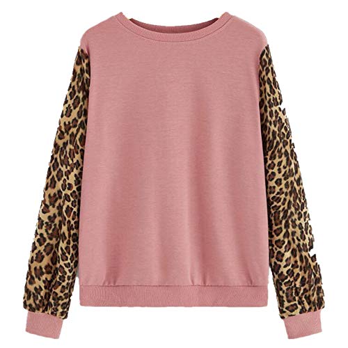 Otoño e Invierno Mujer Ropa Otoño Invierno Leopardo Estampado Manga Larga Suéter Costura Rosa rosa XXL