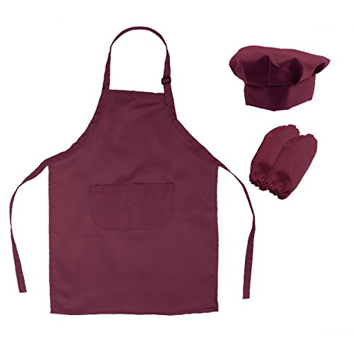 OUNONA Conjunto de Cocinero de Delantal Gorro y Mangas para Niño Disfraz de Hornear Infantil (Vino Tinto)