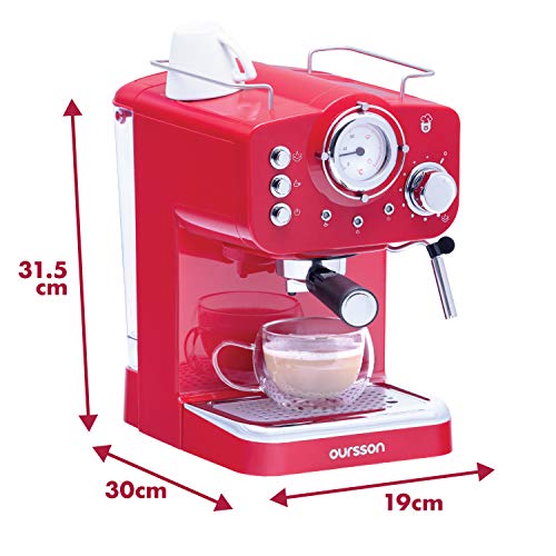 Oursson Máquina de Café Espresso - Cappuccino, Retro, 3 Años de Garantia, 15 Bares, Vaporizador Orientable, Capacidad 1.25 l, Café Molido, EM1500 Serie (Rojo)