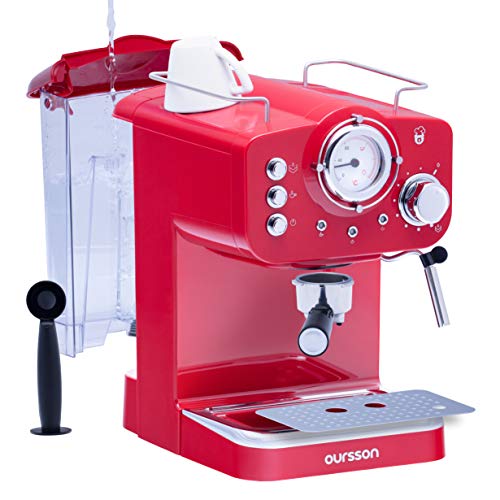 Oursson Máquina de Café Espresso - Cappuccino, Retro, 3 Años de Garantia, 15 Bares, Vaporizador Orientable, Capacidad 1.25 l, Café Molido, EM1500 Serie (Rojo)