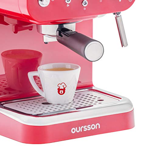 Oursson Máquina de Café Espresso - Cappuccino, Retro, 3 Años de Garantia, 15 Bares, Vaporizador Orientable, Capacidad 1.25 l, Café Molido, EM1500 Serie (Rojo)