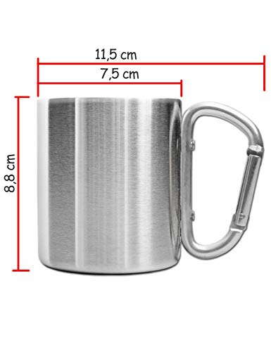 Outdoor Saxx® – Taza de camping de exterior, vaso de metal, con mango de mosquetón atornillado, acero inoxidable, senderismo, trabajo, 250 ml, plateado