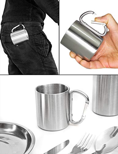 Outdoor Saxx® – Taza de camping de exterior, vaso de metal, con mango de mosquetón atornillado, acero inoxidable, senderismo, trabajo, 250 ml, plateado