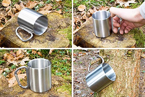 Outdoor Saxx® – Taza de camping de exterior, vaso de metal, con mango de mosquetón atornillado, acero inoxidable, senderismo, trabajo, 250 ml, plateado