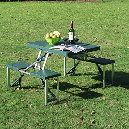 Outsunny Mesa Maleta de Camping Plegable Portátil 4 Asientos y Agujero Sombrilla Estructura Aluminio Playa Picnic 84.5x64.5x66cm (Verde)