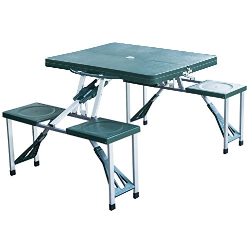 Outsunny Mesa Maleta de Camping Plegable Portátil 4 Asientos y Agujero Sombrilla Estructura Aluminio Playa Picnic 84.5x64.5x66cm (Verde)