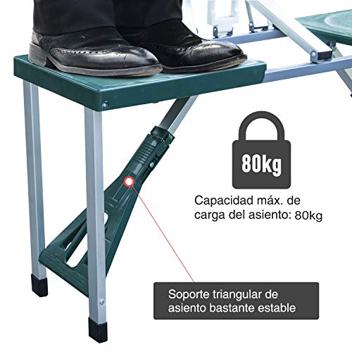 Outsunny Mesa Maleta de Camping Plegable Portátil 4 Asientos y Agujero Sombrilla Estructura Aluminio Playa Picnic 84.5x64.5x66cm (Verde)