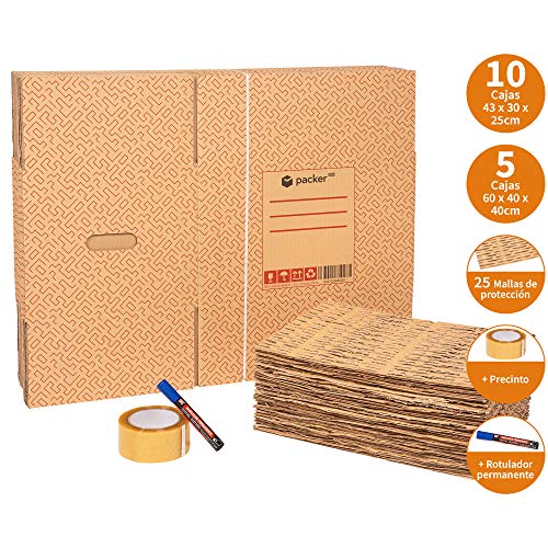 Packer PRO - Pack Mudanza ECO con 5 Cajas Carton Mudanza 600x400x400mm + 10 Cajas Carton Mudanza 430x300x250mm + Cinta Adhesiva + 25 Mallas de Protección para Embalaje + Rotulador Permanente