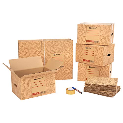 Packer PRO - Pack Mudanza ECO con 5 Cajas Carton Mudanza 600x400x400mm + 10 Cajas Carton Mudanza 430x300x250mm + Cinta Adhesiva + 25 Mallas de Protección para Embalaje + Rotulador Permanente