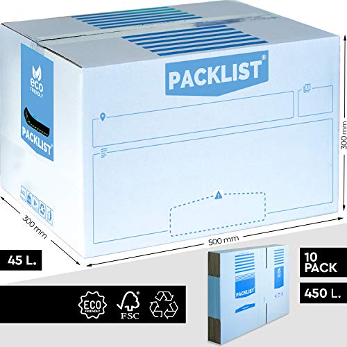 PACKLIST 10 Cajas Cartón Mudanza Personalizables + APP Inventario y PDF - Cajas Mudanza Grandes Ultra Resistentes 500x300x300mm Cajas de Mudanzas Ecológicas - Caja de Almacenaje con Certificado FSC