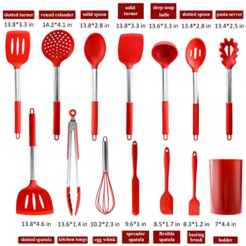 Pahajim Juego de Utensilios de Cocina Silicona,Resistente al Calor y Antiadherente Utensilios Cocina de Silicona y Acero Inoxidable,Espátula,Cuchara,Batidor,Pinza,Etc. (Acero Inoxidable - Rojo)