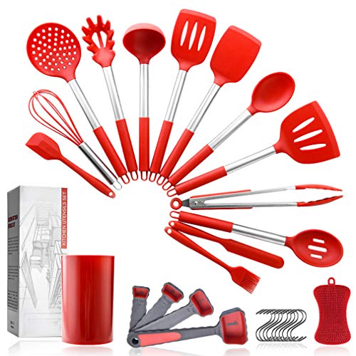 Pahajim Juego de Utensilios de Cocina Silicona,Resistente al Calor y Antiadherente Utensilios Cocina de Silicona y Acero Inoxidable,Espátula,Cuchara,Batidor,Pinza,Etc. (Acero Inoxidable - Rojo)