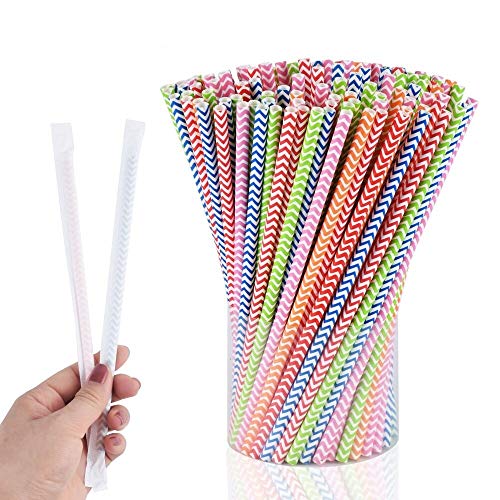 Pajitas de papel biodegradables hombrima, 250 unidades, envueltas individualmente con 5 colores diferentes a rayas arco iris para zumos, batidos, batidos, fiestas, bodas (250 unidades)