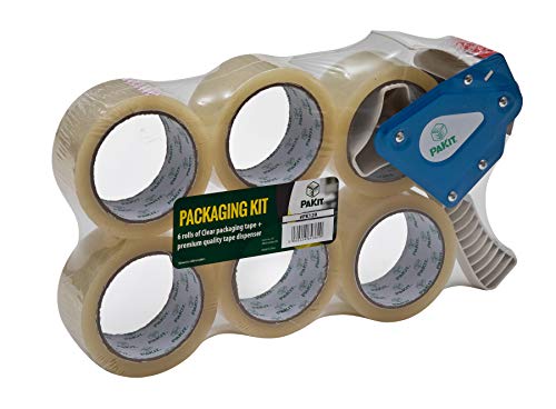 PAKIT Shipping Packing Tape - Clear - with Dispenser, 50micron 48MM X66M, 6 Rolls, Supplies, Moving Tape, Parcel