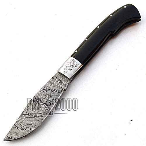 PAL 2000 Cuchillo Plegable, Navaja de Bolsillo, Cuchillo Hecho a Mano a Medida, Cuchillo de Hoja de Acero de Damasco, con Funda de Cuero, Cuchillo de Chef Hecho a Mano, Cuchillo Forjado a Mano 9589