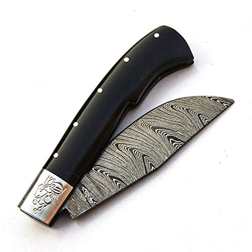 PAL 2000 Cuchillo Plegable, Navaja de Bolsillo, Cuchillo Hecho a Mano a Medida, Cuchillo de Hoja de Acero de Damasco, con Funda de Cuero, Cuchillo de Chef Hecho a Mano, Cuchillo Forjado a Mano 9589