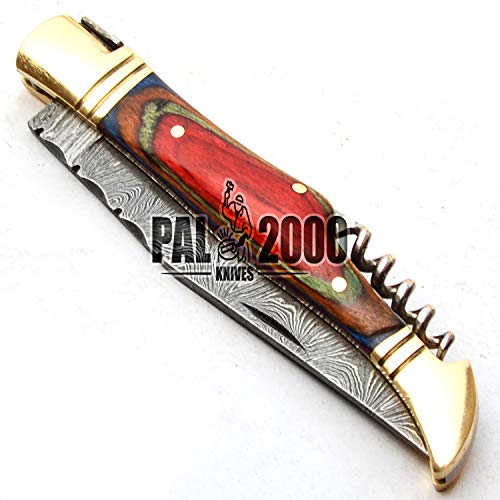 PAL 2000 Cuchillo Plegable, Navaja de Bolsillo, Cuchillo Hecho a Mano Personalizado, Cuchillo de Acero de Hoja de Damasco, con Funda de Cuero, Cuchillo Hecho a Mano, Cuchillo Forjado a Mano SNSA-9790