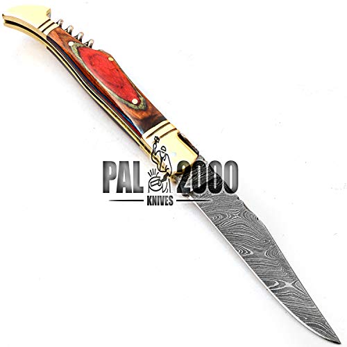 PAL 2000 Cuchillo Plegable, Navaja de Bolsillo, Cuchillo Hecho a Mano Personalizado, Cuchillo de Acero de Hoja de Damasco, con Funda de Cuero, Cuchillo Hecho a Mano, Cuchillo Forjado a Mano SNSA-9790