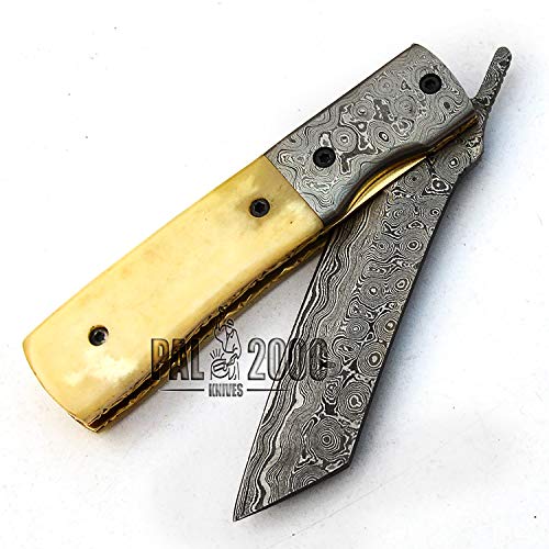 PAL 2000 Forjado a Mano Hecho a Mano Cuchillo de Hoja de Acero Damasco con Vaina Hermoso Mango de Hueso de Camello y en el costado del Mango una Hermosa Obra de Arte con Cobre y latón 9678