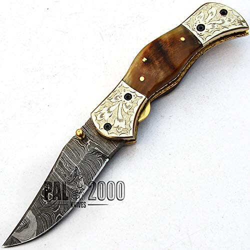 PAL 2000 Hecho a Mano   Cuchillo de Hoja de Acero Damasco Forjado a Mano con Vaina   Manejar de Cuerno de Carnero y Dentro del Mango una Hermosa Obra de Arte con Cobre y latón 9676